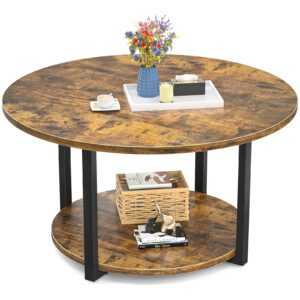 Industrial Round Wood Coffee Table with 2-Tier Storage and Metal Legs for Living Room