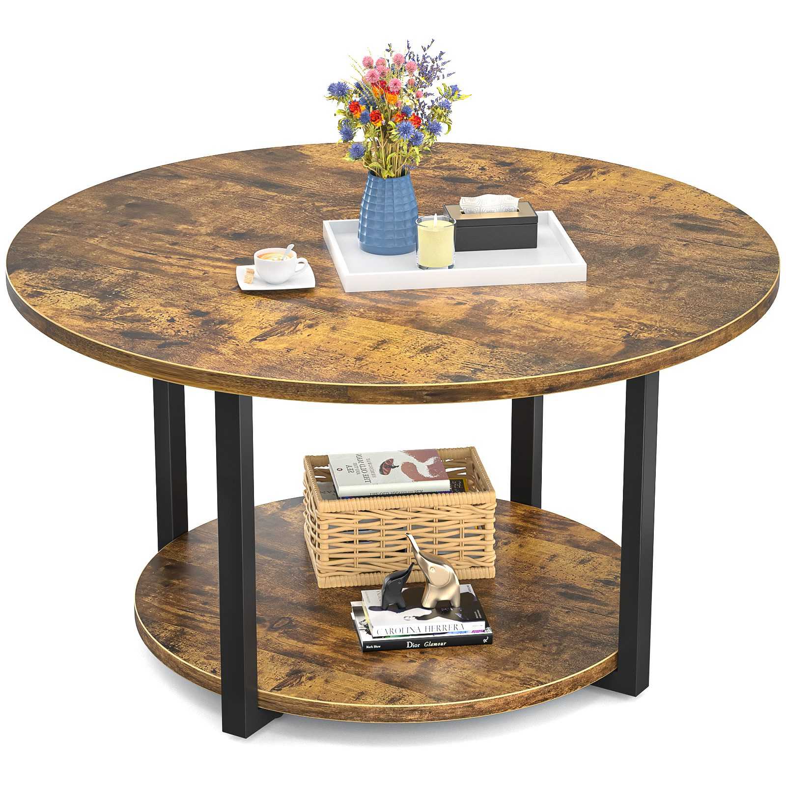 Industrial Round Wood Coffee Table - Main Product Image Industrial Round Wood Coffee Table with 2-Tier Storage and Metal Legs for Living Room