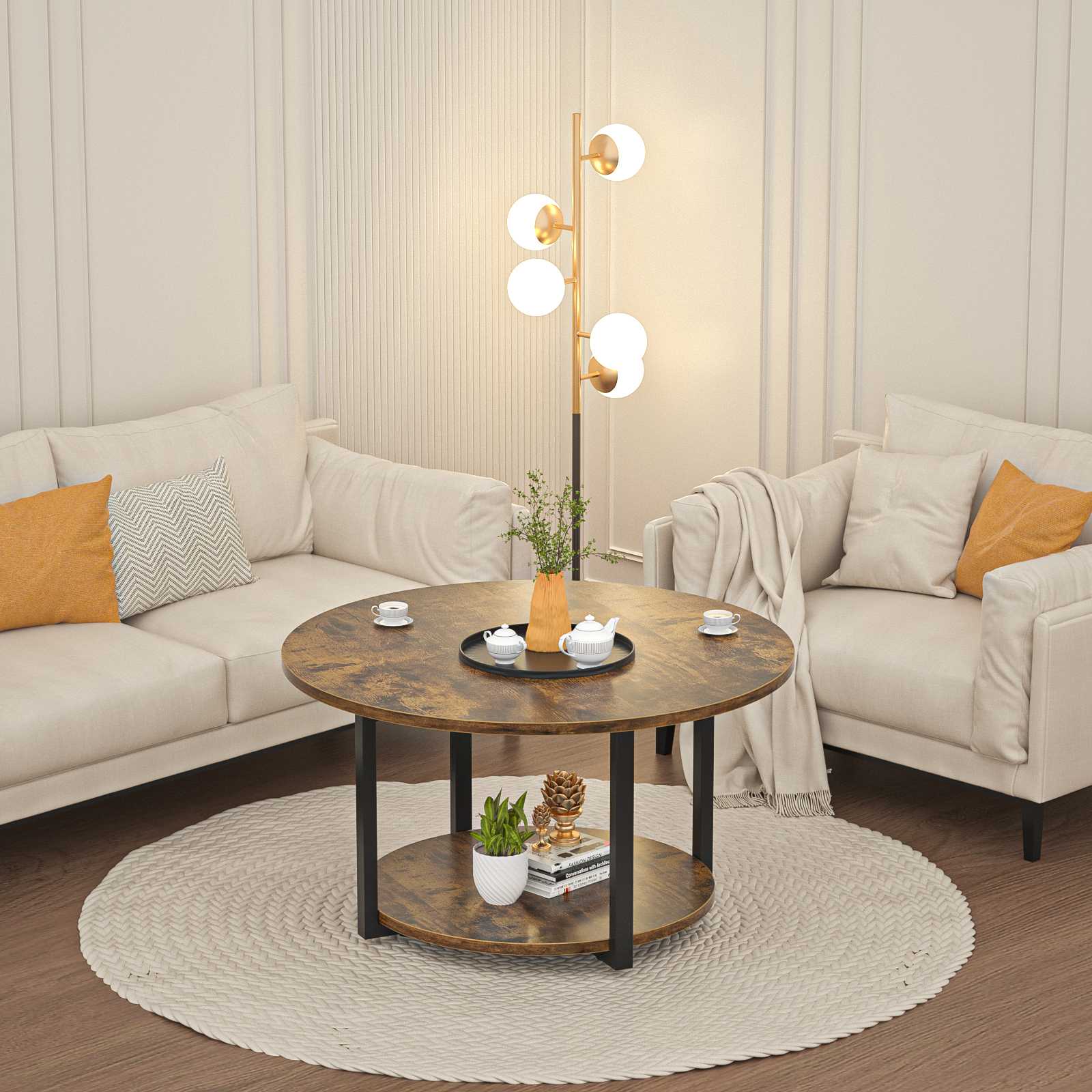 Industrial Round Wood Coffee Table - Living Room Lifestyle Scene Rustic Round Wood Coffee Table Styled in Cozy Living Room with Modern Sofa and Area Rug