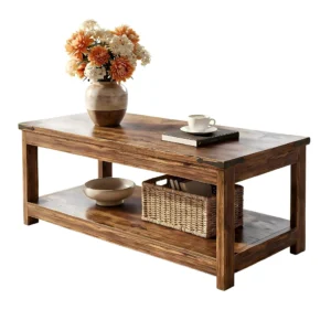 2 tier charcoal gray rustic coffee table with open storage shelf featuring metal corner protectors decorated with a flower vase and books