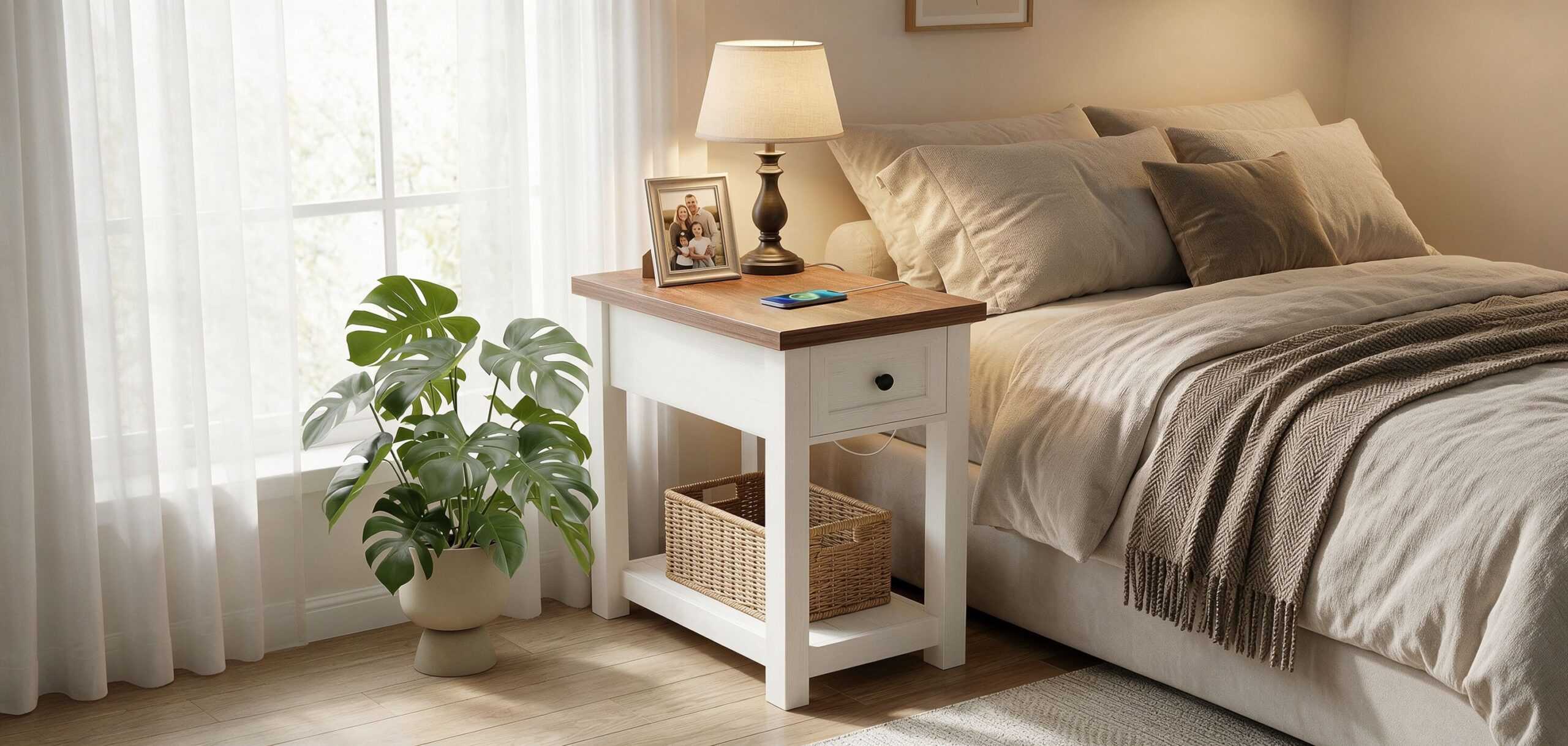 farmhouse narrow end table with charging station for couch