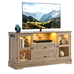 Classic Natural Oak TV Stand with Built-in Power Strip and LED Lights, Farmhouse Media Console Cabinet with Glass Doors