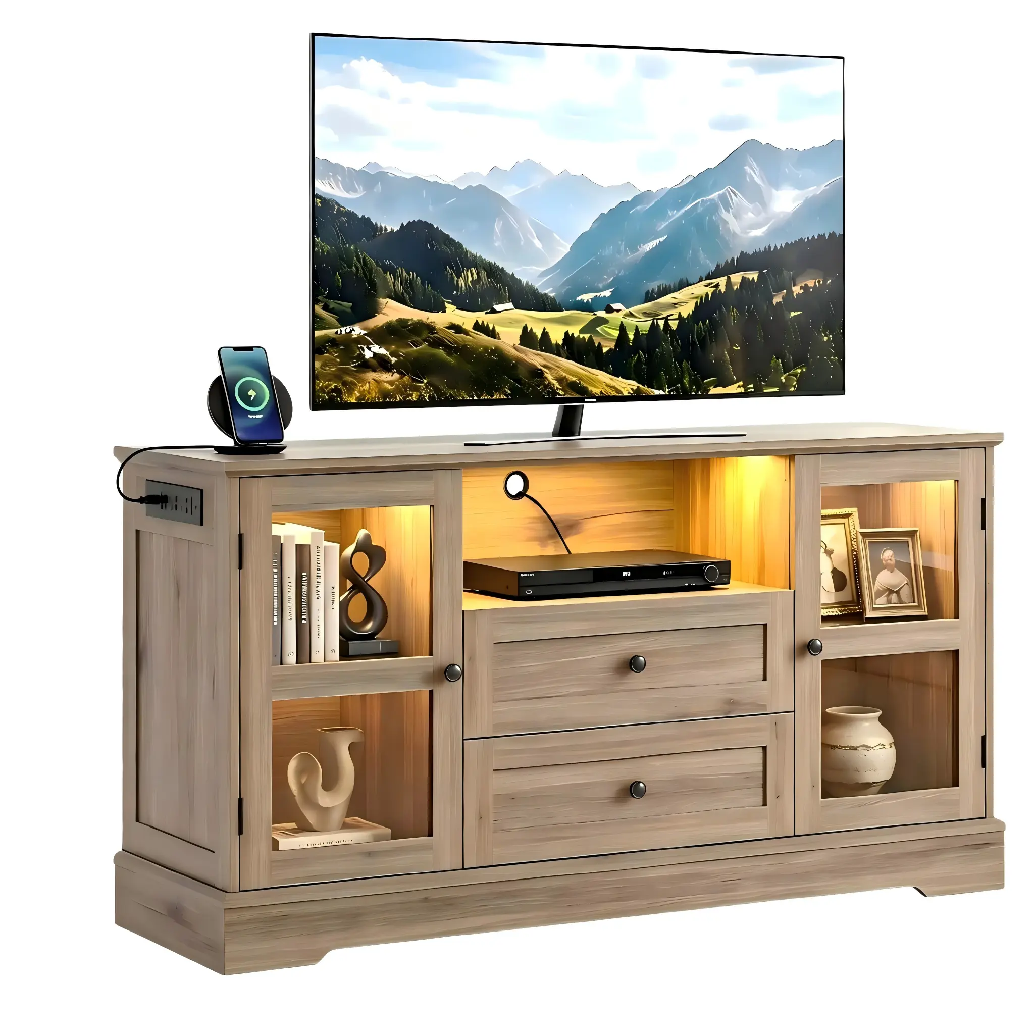 Natural Oak Farmhouse TV Stand Built-in Power Strip Feature Classic Natural Oak TV Stand with Built-in Power Strip and LED Lights, Farmhouse Media Console Cabinet with Glass Doors