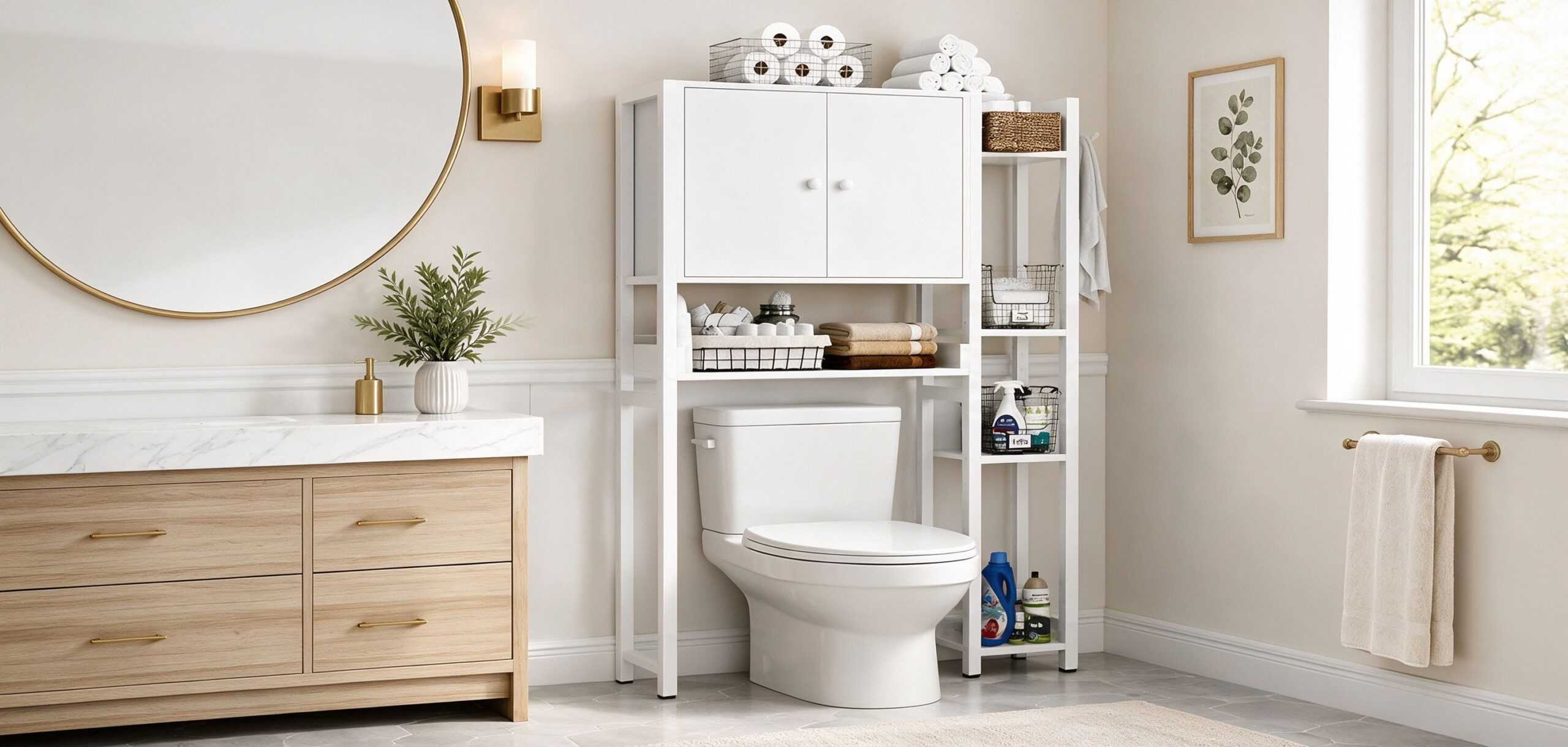 over the toilet storage cabinet with doors and adjustable shelves