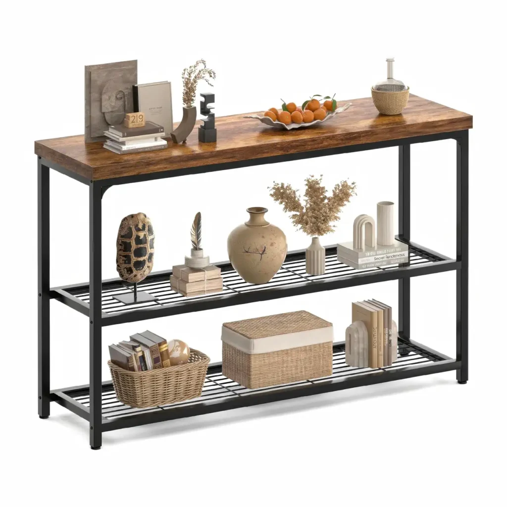 Rustic Industrial 3-Tier Console Table with Dual Mesh Shelves, Narrow Sofa Side Table for Entryway and Hallway