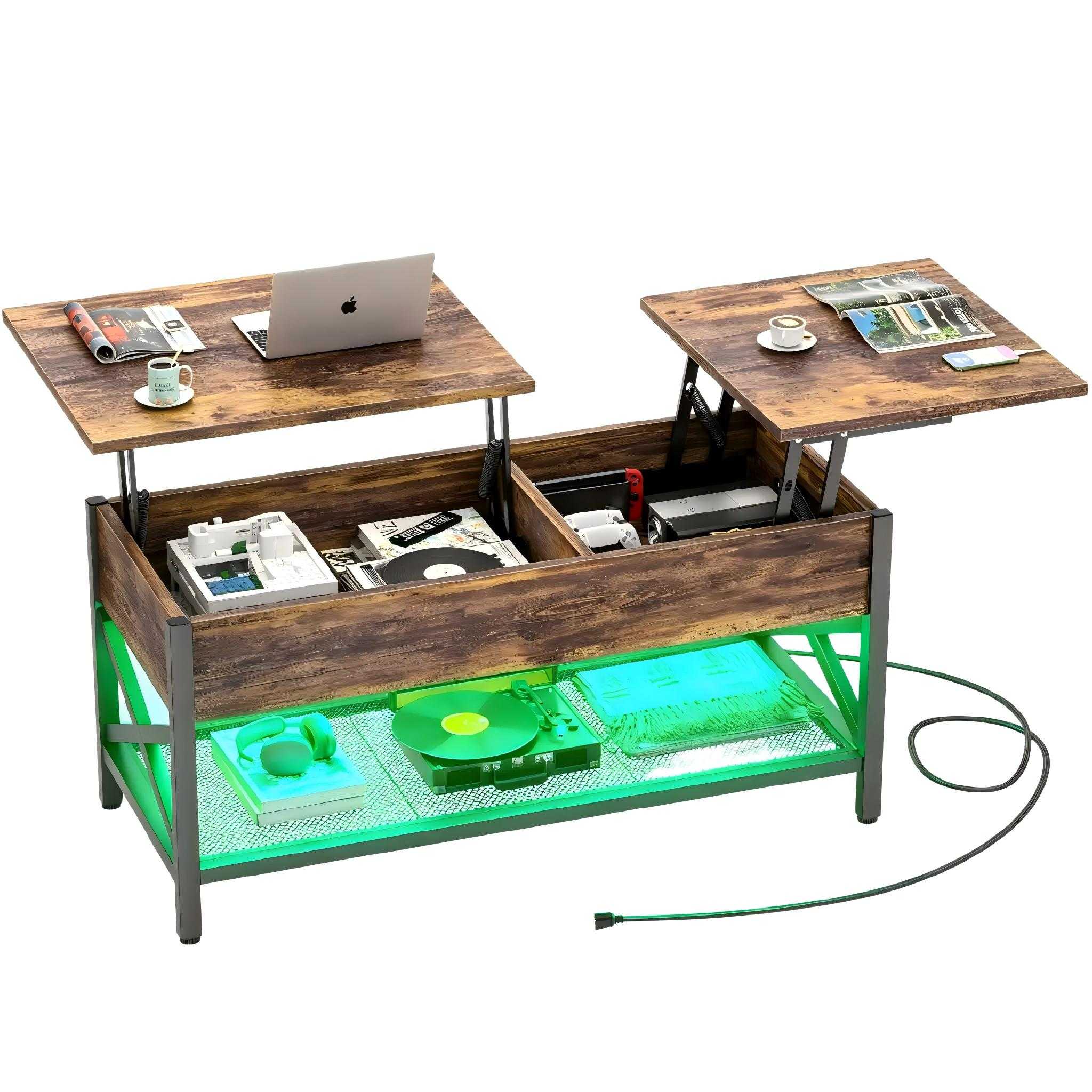 Split Lift Top Coffee Table Internal Storage and LED Display Industrial Split Lift Top Coffee Table with LED Lights and Charging Station, Wooden Central Tea Table with Hidden Compartments