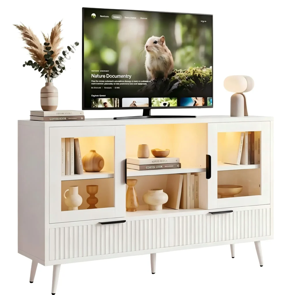 tv stand white sideboard with led lights glass doors main