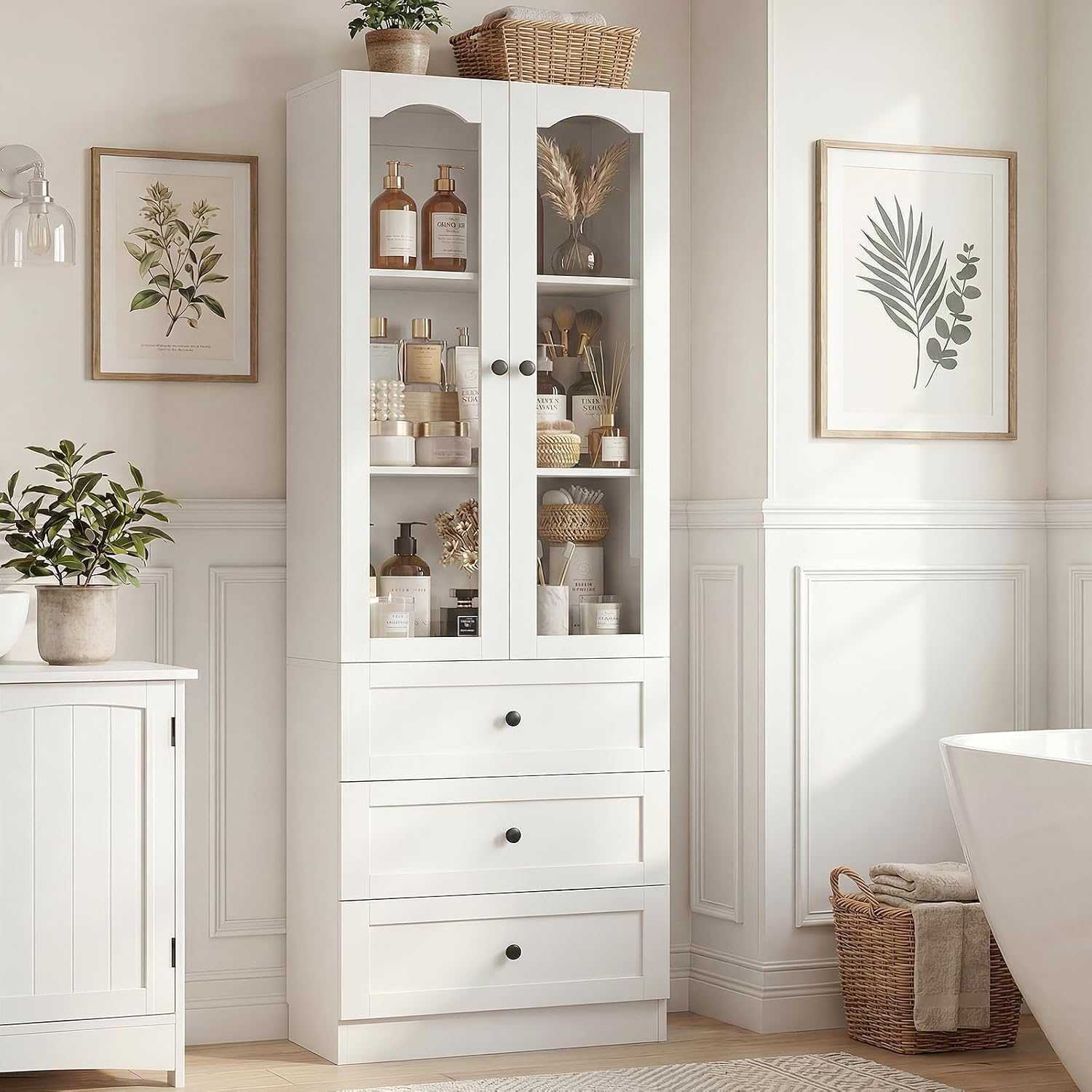 tall pantry cabinet with glass doors & 3 drawers