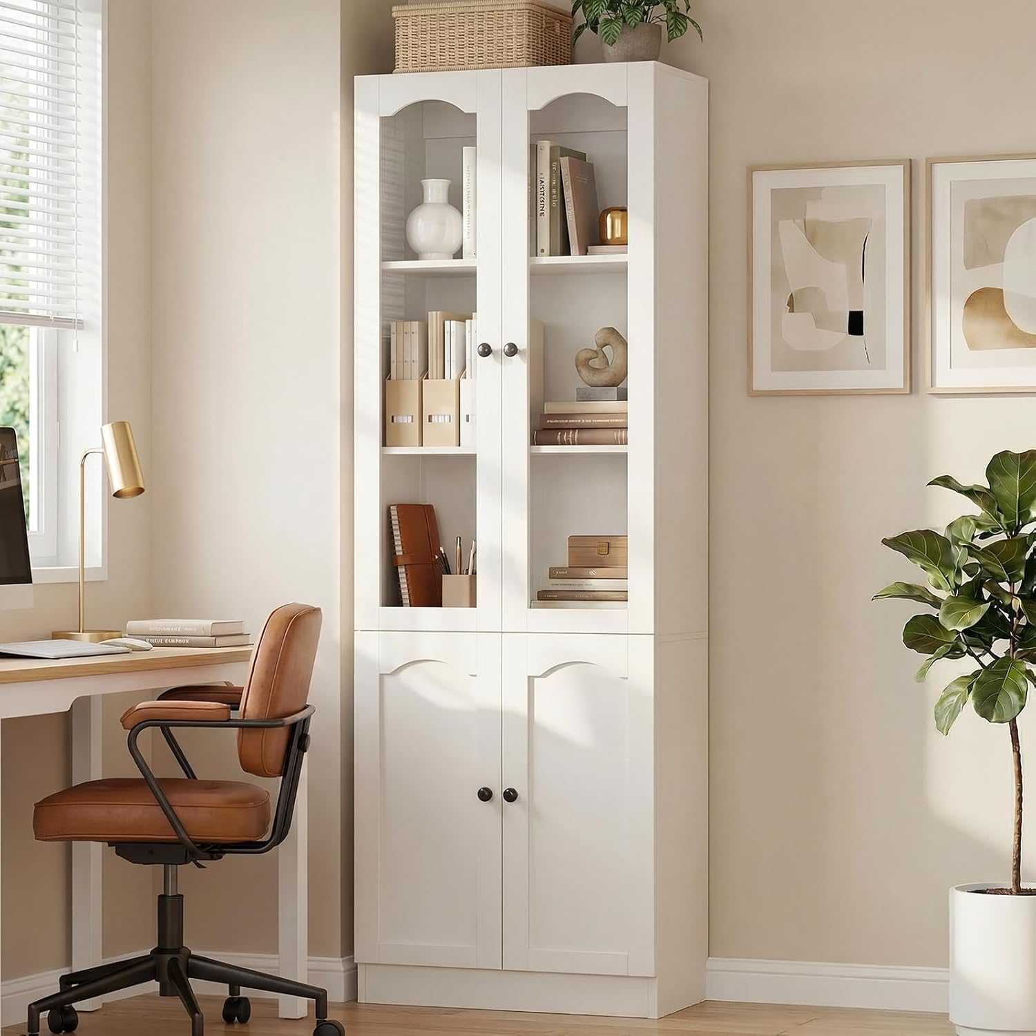 tall pantry cabinet with glass doors, white
