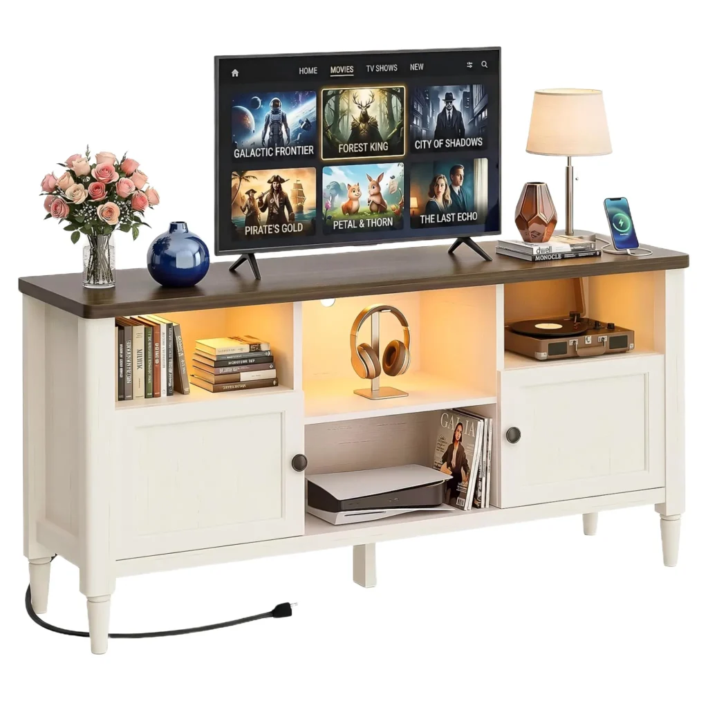 Two-Tone Farmhouse TV Stand with Wireless Charging Station and LED Lights, Rustic White Media Console Cabinet with Dark Wood Top