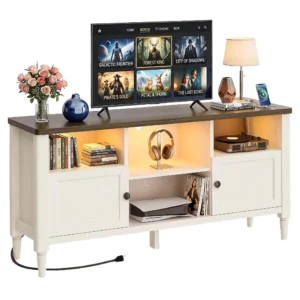 Two-Tone Farmhouse TV Stand with Wireless Charging Station and LED Lights, Rustic White Media Console Cabinet with Dark Wood Top