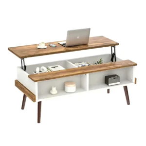 Modern Two-Tone Split Lift Top Coffee Table with Wooden Legs, Rustic Brown Wood and White Central Tea Table with Hidden Storage Compartments