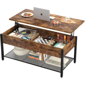 Split Lift Top Coffee Table in Rustic Brown with Open Hidden Compartment and Built-in Charging Station