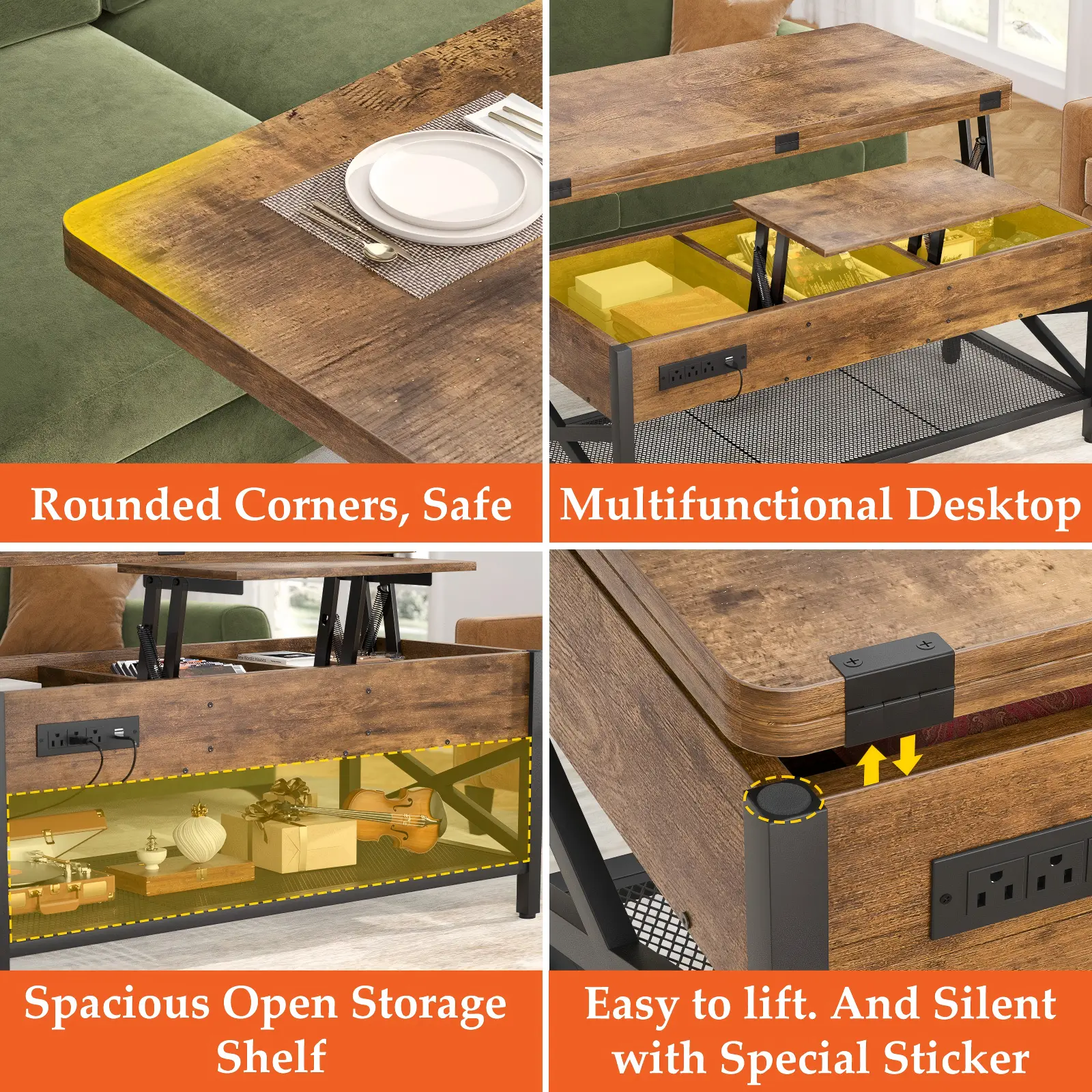 Lift Top Coffee Table - Premium 4-in-1 Design Details Premium Craftsmanship Details of Lift Top Coffee Table with Safe Rounded Corners and Open Storage Shelf