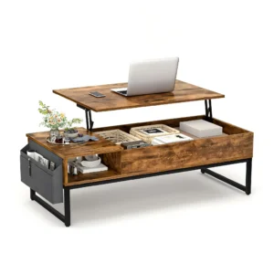 Multi-functional split lift top coffee table with side fabric storage pouch and laptop on extended wooden tabletop white background