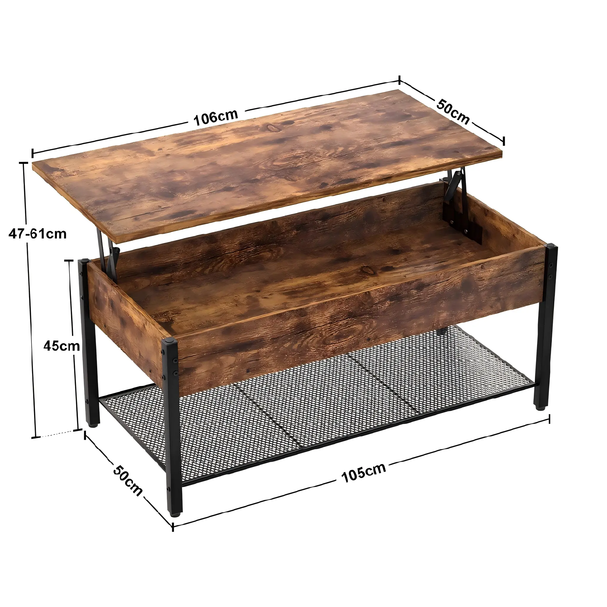 Split Lift Top Table - Technical Dimensions Specs Product Dimensions and Technical Specifications of Split Lift Top Coffee Table with Centimeter Measurements