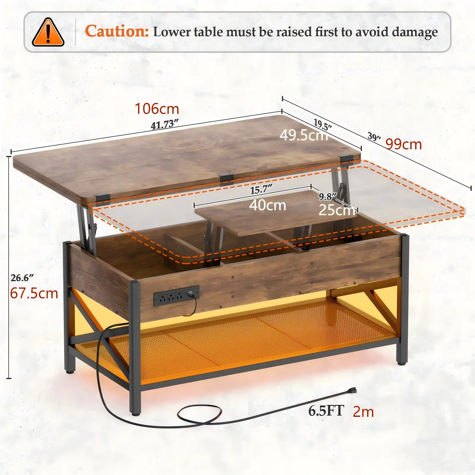 Lift Top Coffee Table - Semi Open Dimensions Specs Semi Open Dimensions and Hidden Storage Space Specs of Lift Top Coffee Table with Centimeter Measurements