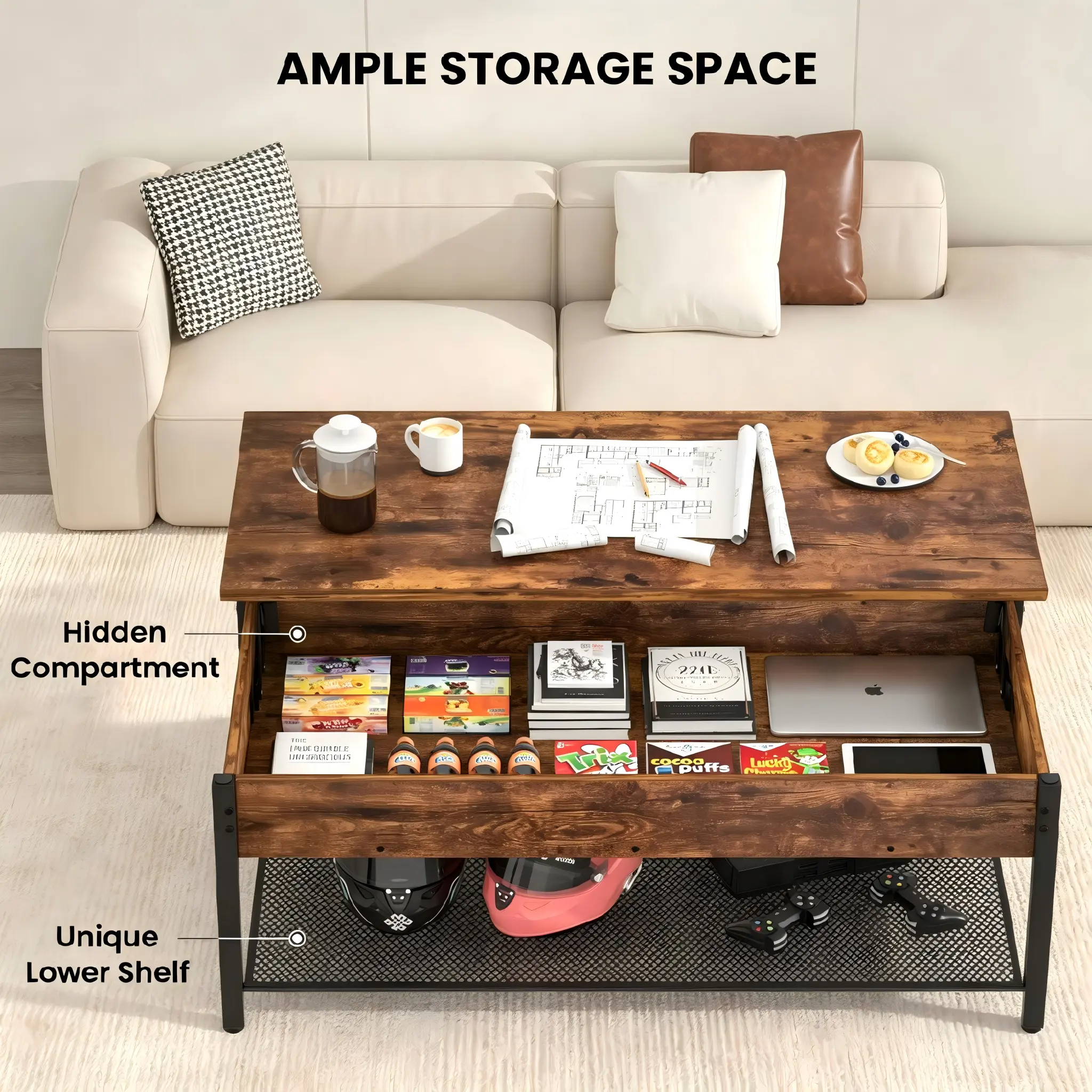 Split Lift Top Table - Rustic Brown Ample Storage View Rustic Brown Lift Top Coffee Table for Living Room with Ample Hidden Storage Space and Lower Mesh Shelf