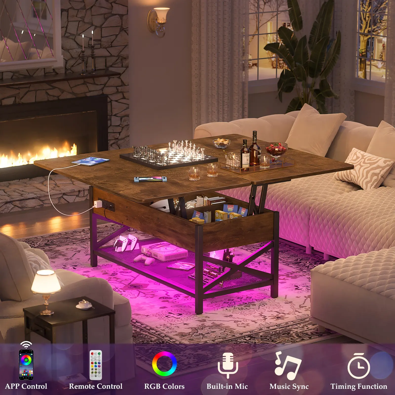 Lift Top Coffee Table - Smart RGB LED Lifestyle Scene Cozy Living Room Scene of Lift Top Coffee Table with Vibrant RGB LED Ambient Lighting and Smart Color Changing Effects