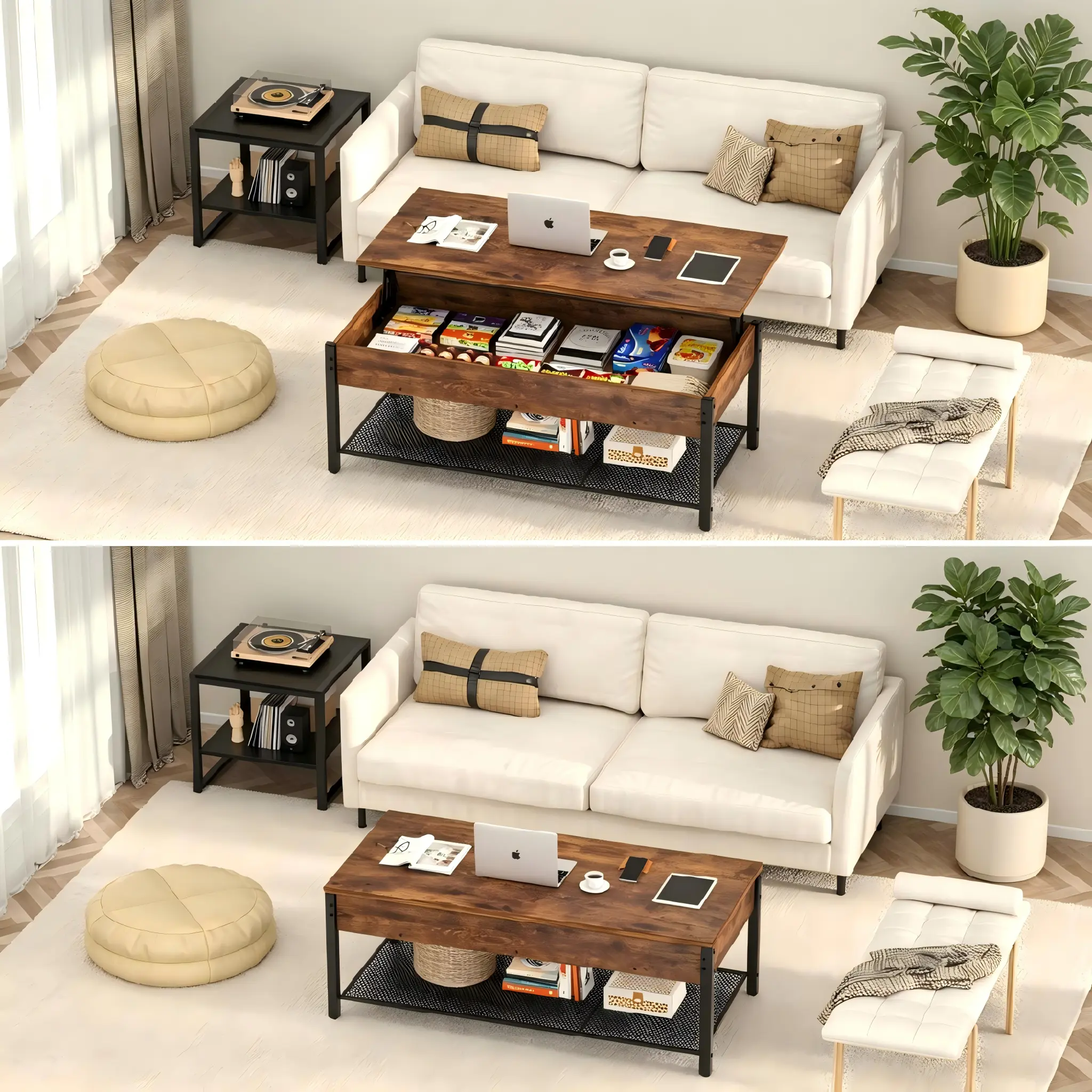 Split Lift Top Table - Rustic Brown Mode Comparison Rustic Brown Split Lift Top Coffee Table in Living Room Showing Closed Storage and Raised Dual Workspaces Mode