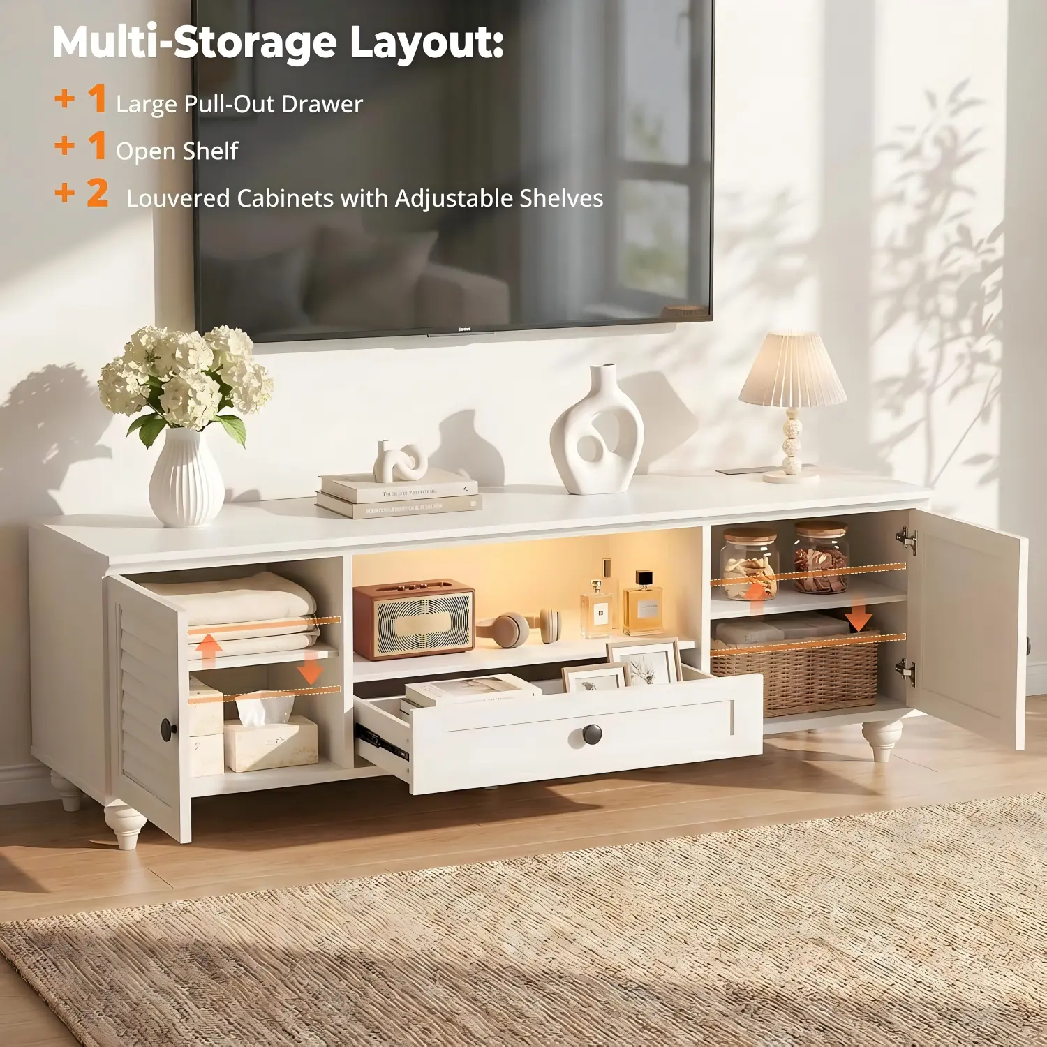 white-farmhouse-tv-stand-charging-station Built-in charging station with AC outlets and USB ports on white farmhouse TV stand