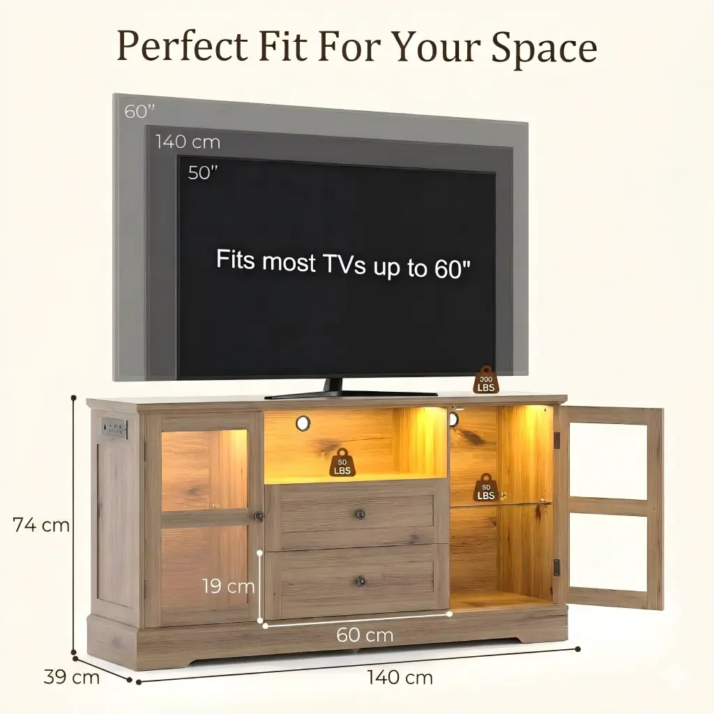 rustic-wood-tv-stand-dimensions-size-guide Product dimensions and TV size guide diagram for rustic wood 55 inch TV stand