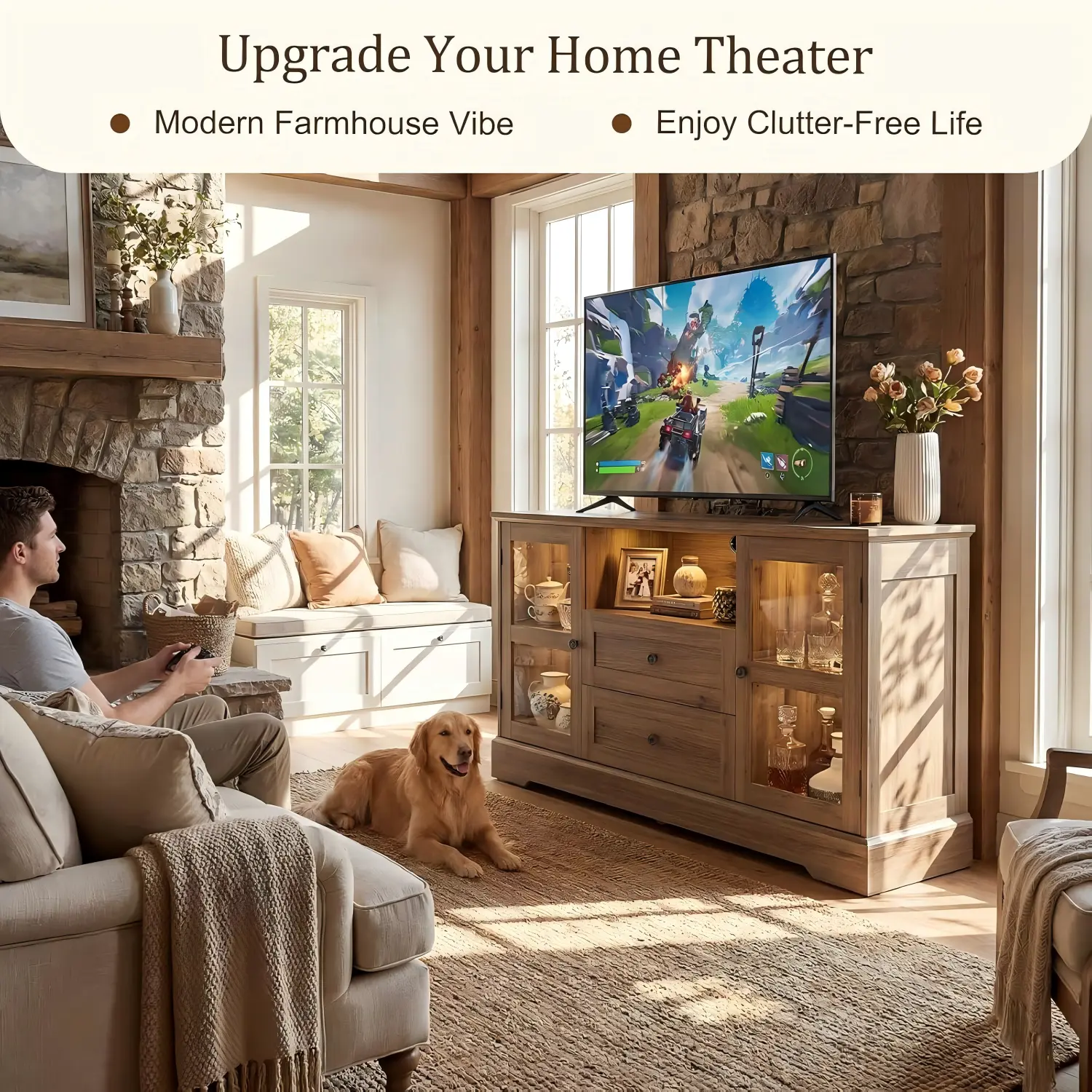 rustic-wood-tv-stand-living-room-lifestyle Rustic wood farmhouse TV stand in a cozy living room lifestyle home theater setup
