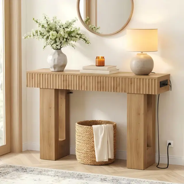 Natural Oak Fluted Console Table Lifestyle Natural oak fluted console table in entryway lifestyle hallway decor