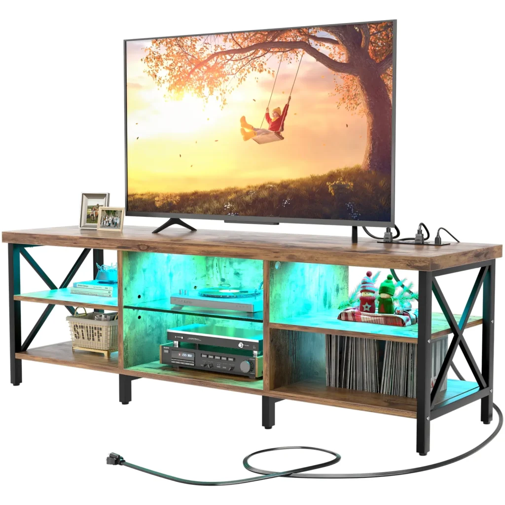 Rustic brown industrial TV stand with adjustable LED lights and open media storage compartments