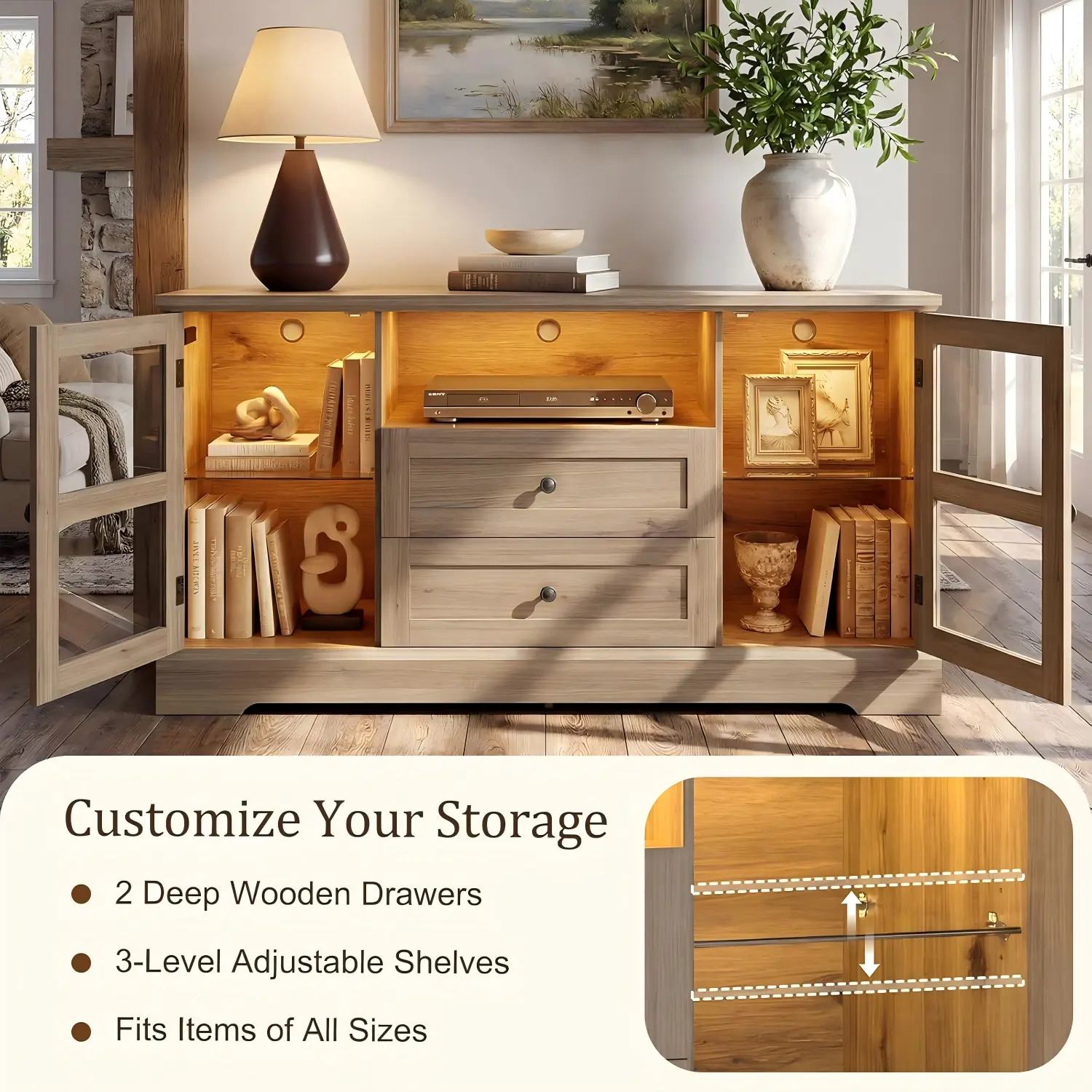 rustic-wood-tv-stand-adjustable-shelves Adjustable storage shelves and internal cabinets inside rustic wood farmhouse TV stand
