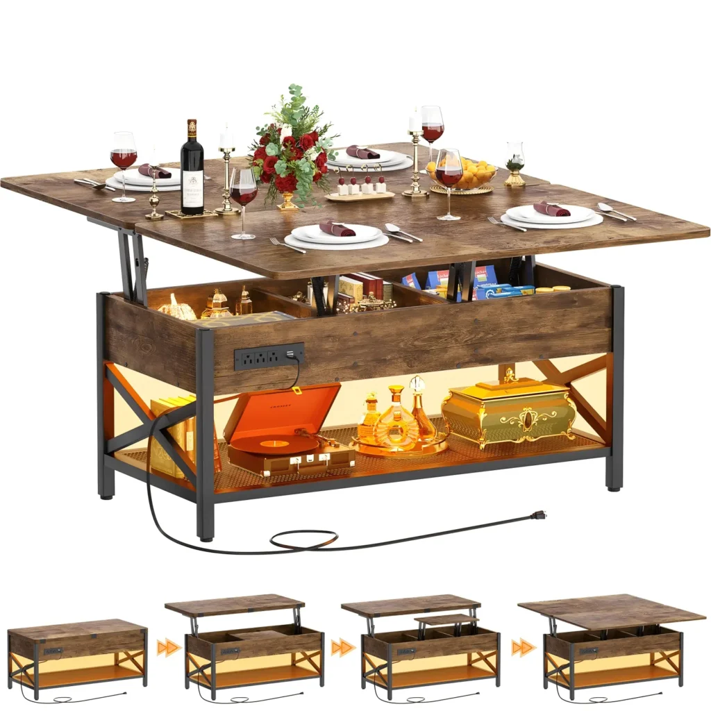 Convertible Coffee Table Fully Expanded into Large Dining Table with Storage Transformation Steps