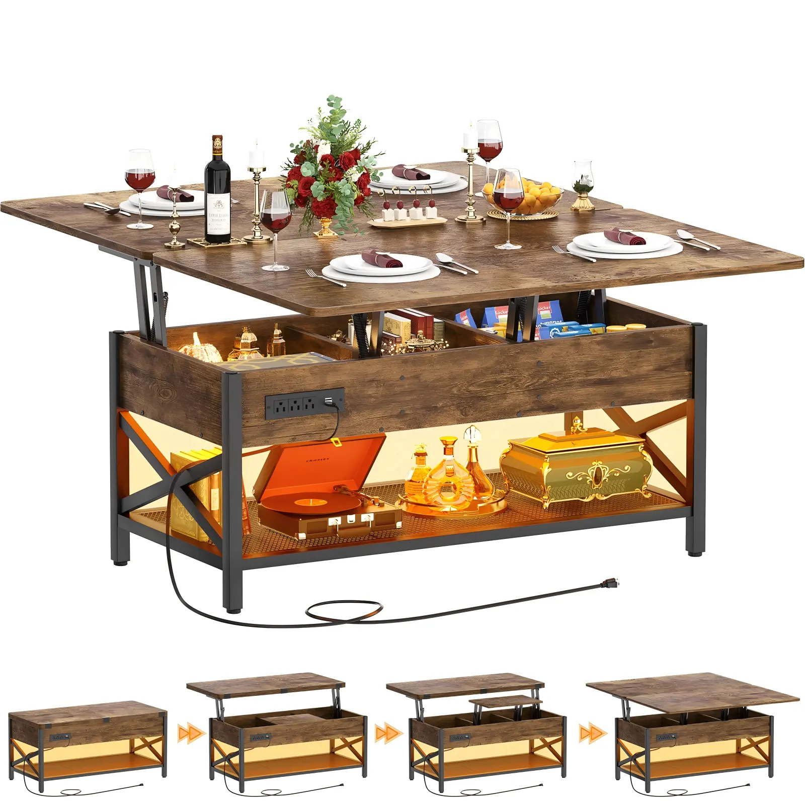 Convertible Lift Top Table - Fully Expanded Dining Setup Convertible Coffee Table Fully Expanded into Large Dining Table with Storage Transformation Steps