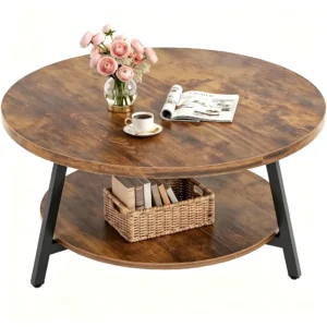 Rustic Round Wood Coffee Table with 2-Tier Storage and Metal Legs for Living Room