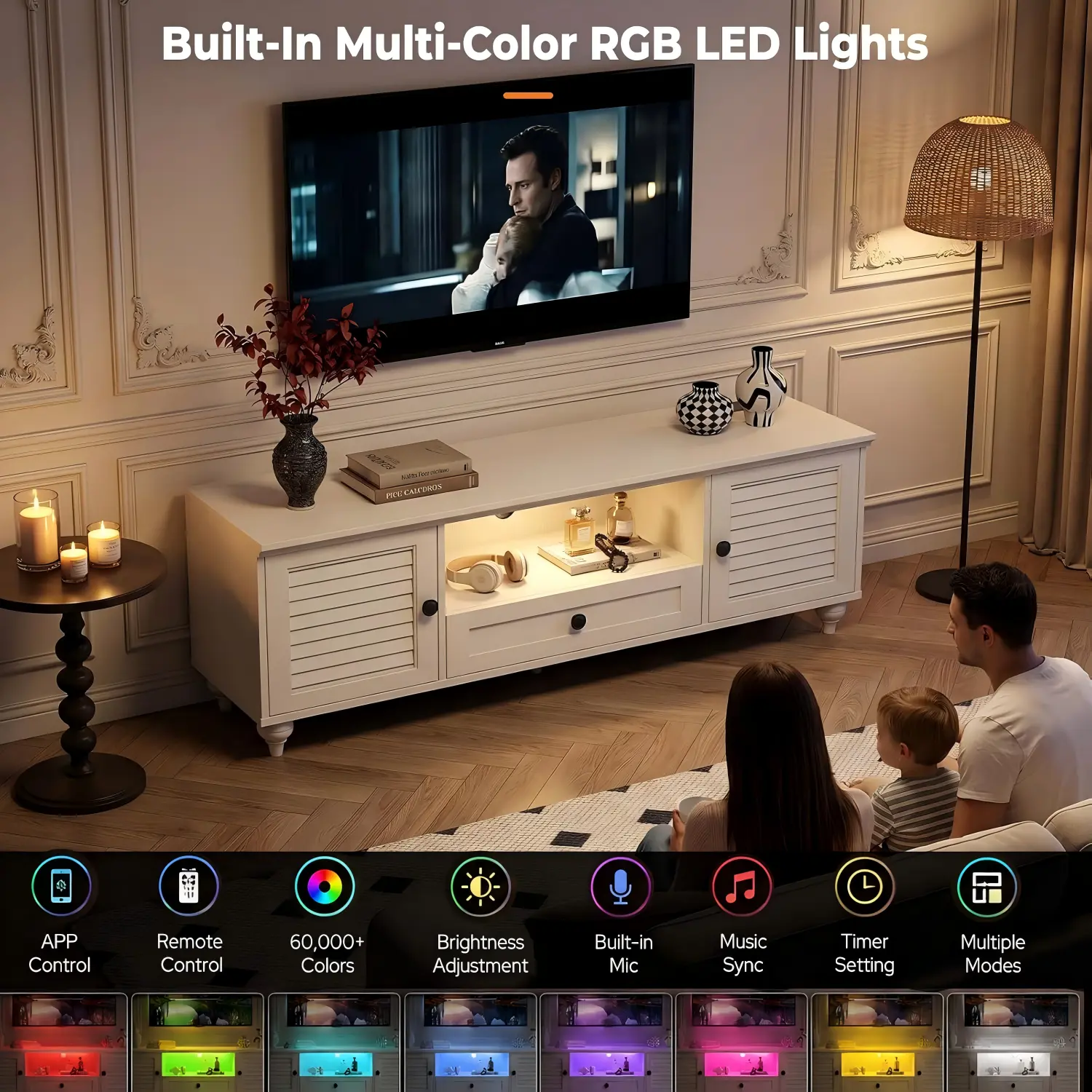 white-farmhouse-tv-stand-rgb-led-lights White farmhouse TV stand with multi-color RGB LED lights for living room movie night