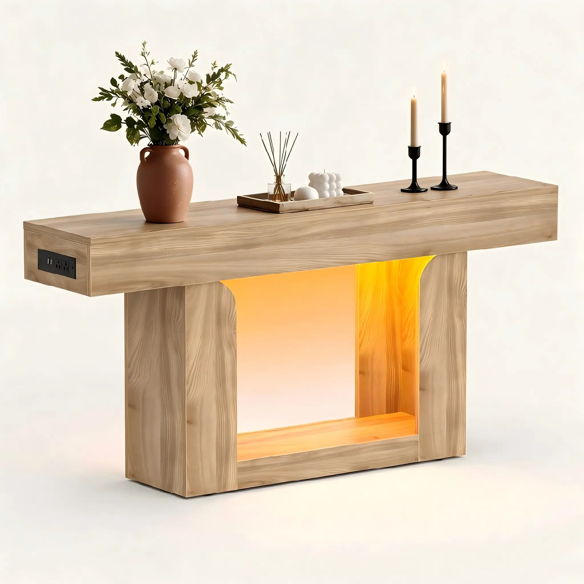 Light Wood LED Lighted Entryway Console Table - Comfuri Natural Oak Wood Console Table with Warm LED Lights and Geometric Hollow Base