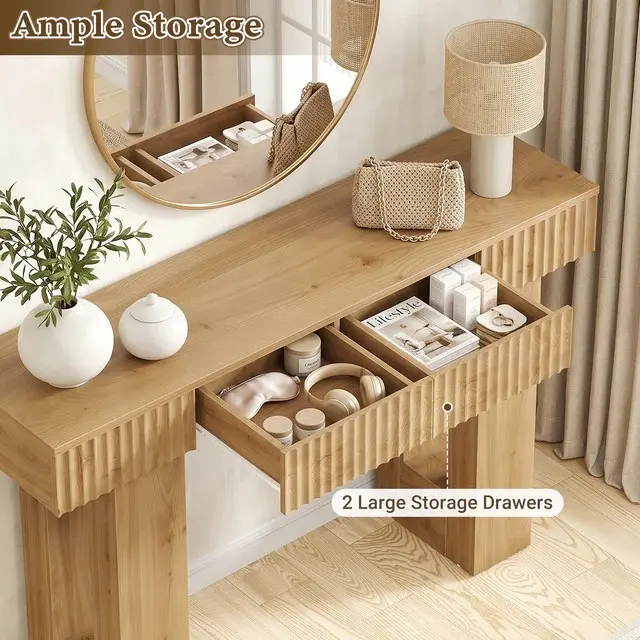 Fluted Console Table with Power Strip Detail Fluted console table with power strip and USB charging ports feature