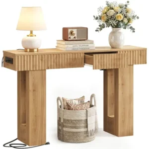 Modern natural oak fluted console table with drawer and USB outlets for hallway