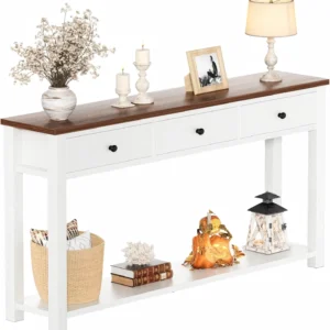 47 inch narrow farmhouse console table with 3 drawers rustic brown and antique white wood entryway sofa table with storage shelf