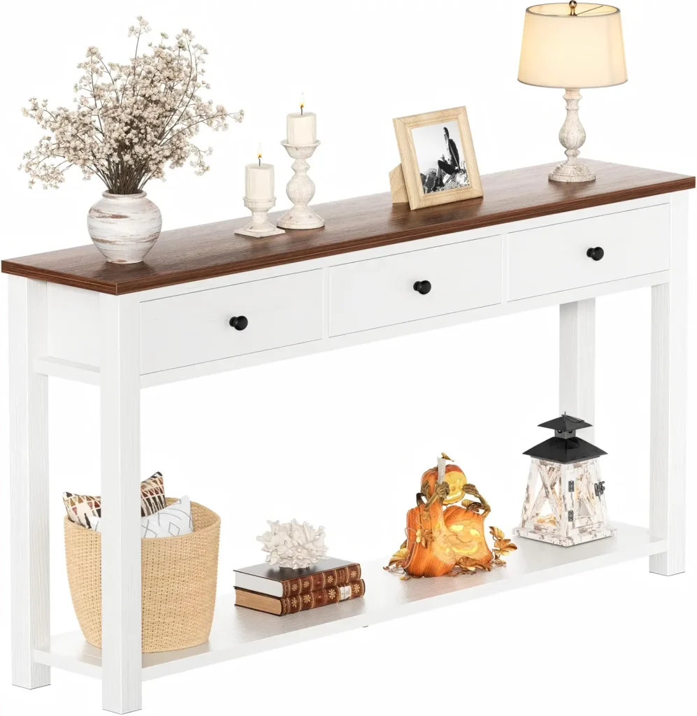 47 inch narrow farmhouse console table with 3 drawers rustic brown and antique white wood entryway sofa table with storage shelf