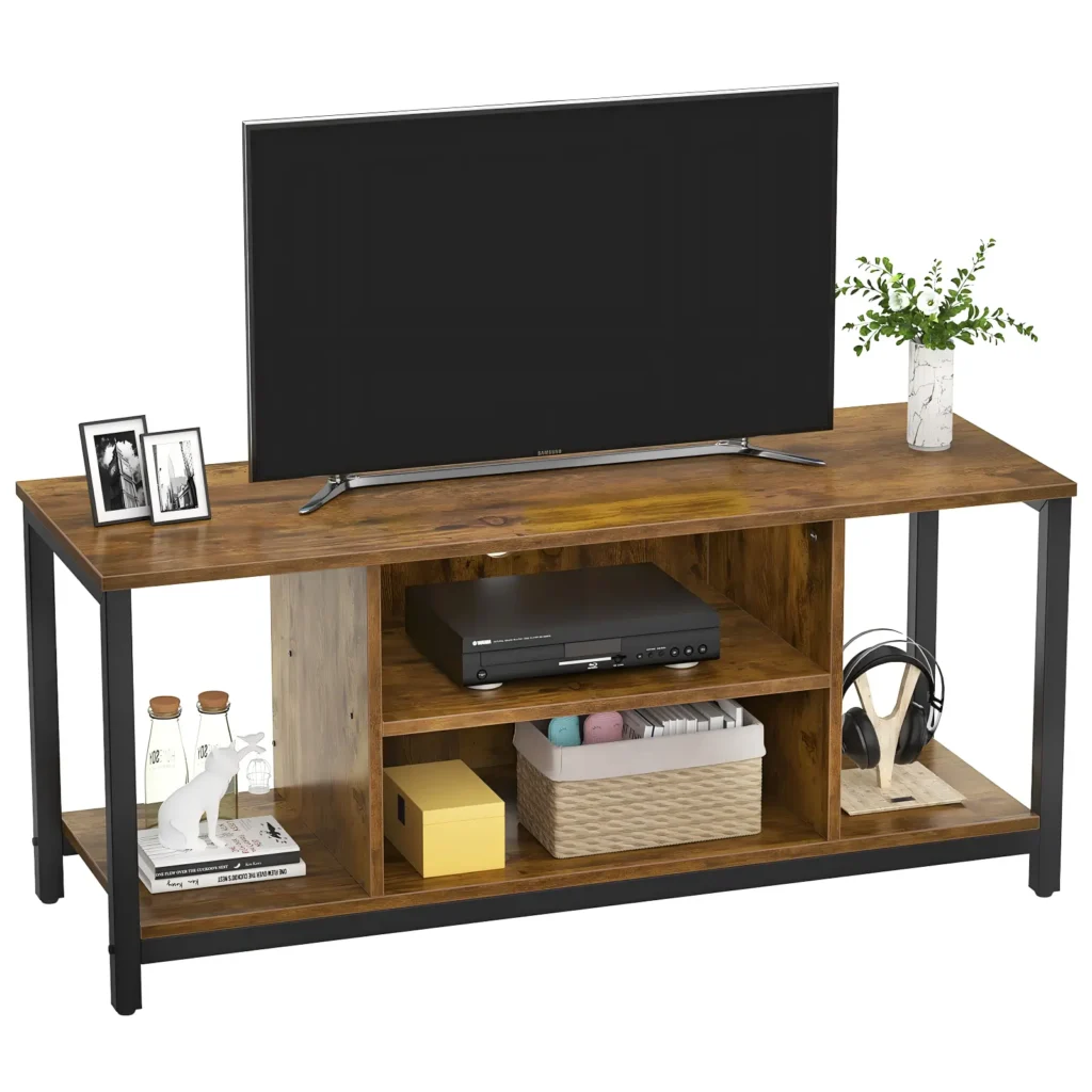 Rustic brown 3 tier TV media stand with open storage shelves for gaming console
