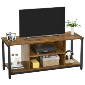 Rustic brown 3 tier TV media stand with open storage shelves for gaming console