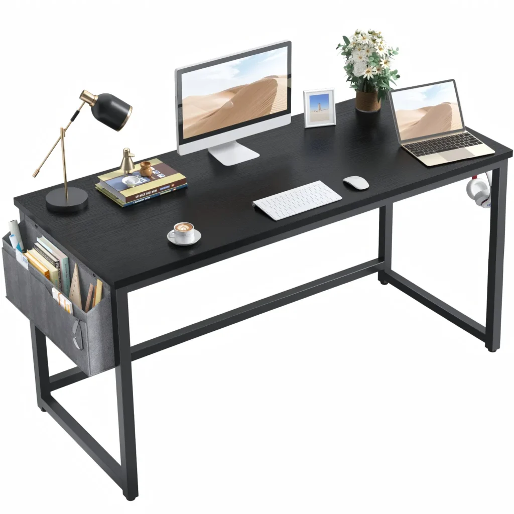 Black simple computer desk with iron frame storage pocket and headphone