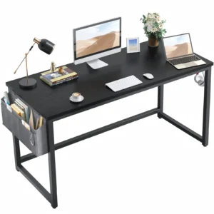 Black simple computer desk with iron frame storage pocket and headphone