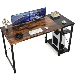 Rustic brown dual monitor computer desk with side storage shelves and CPU holder