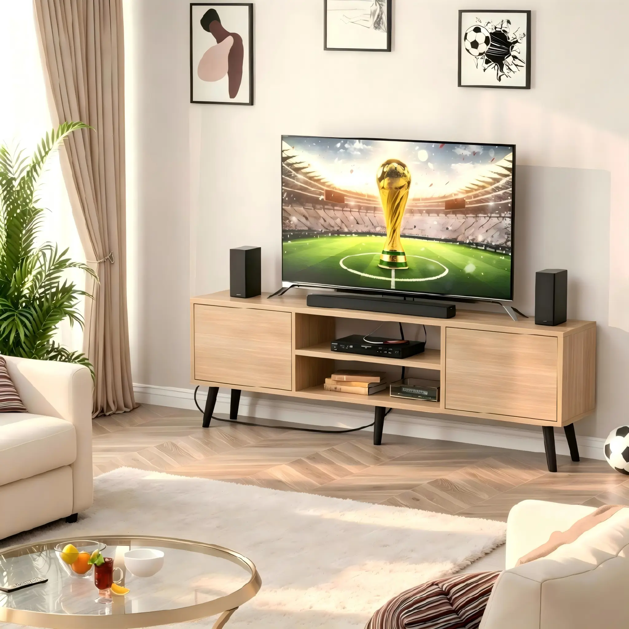 oak-tv-stand-power-outlet-lifestyle-scene Oak light brown TV stand with built-in power outlet styled with white sofa and light grey rug in modern bright living room lifestyle scene