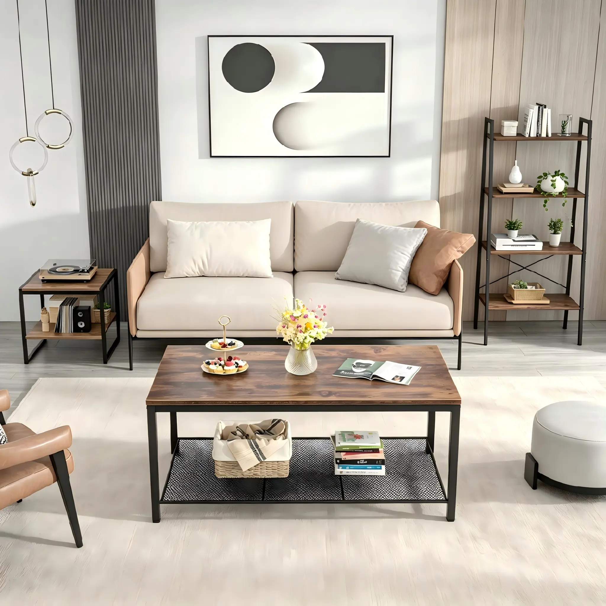 rustic-brown-industrial-coffee-table-mesh-shelf-lifestyle-scene Rustic brown 2-tier industrial coffee table with iron mesh shelf styled with sofa and matching bookshelf in modern living room lifestyle scene