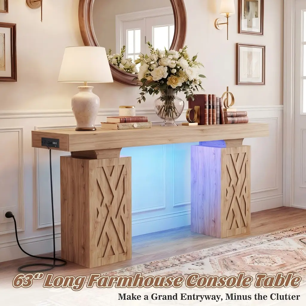47.2 Inch (120 cm) Farmhouse RGB Console Table Foyer Modern farmhouse 47.2 inch (120 cm) wood console table with blue LED ambiance light for foyer