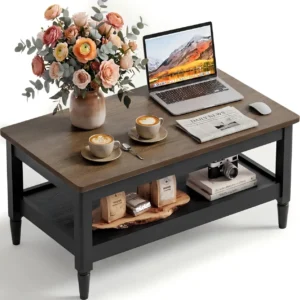 Rustic farmhouse rectangular coffee table with dark wood top and black frame in a living room