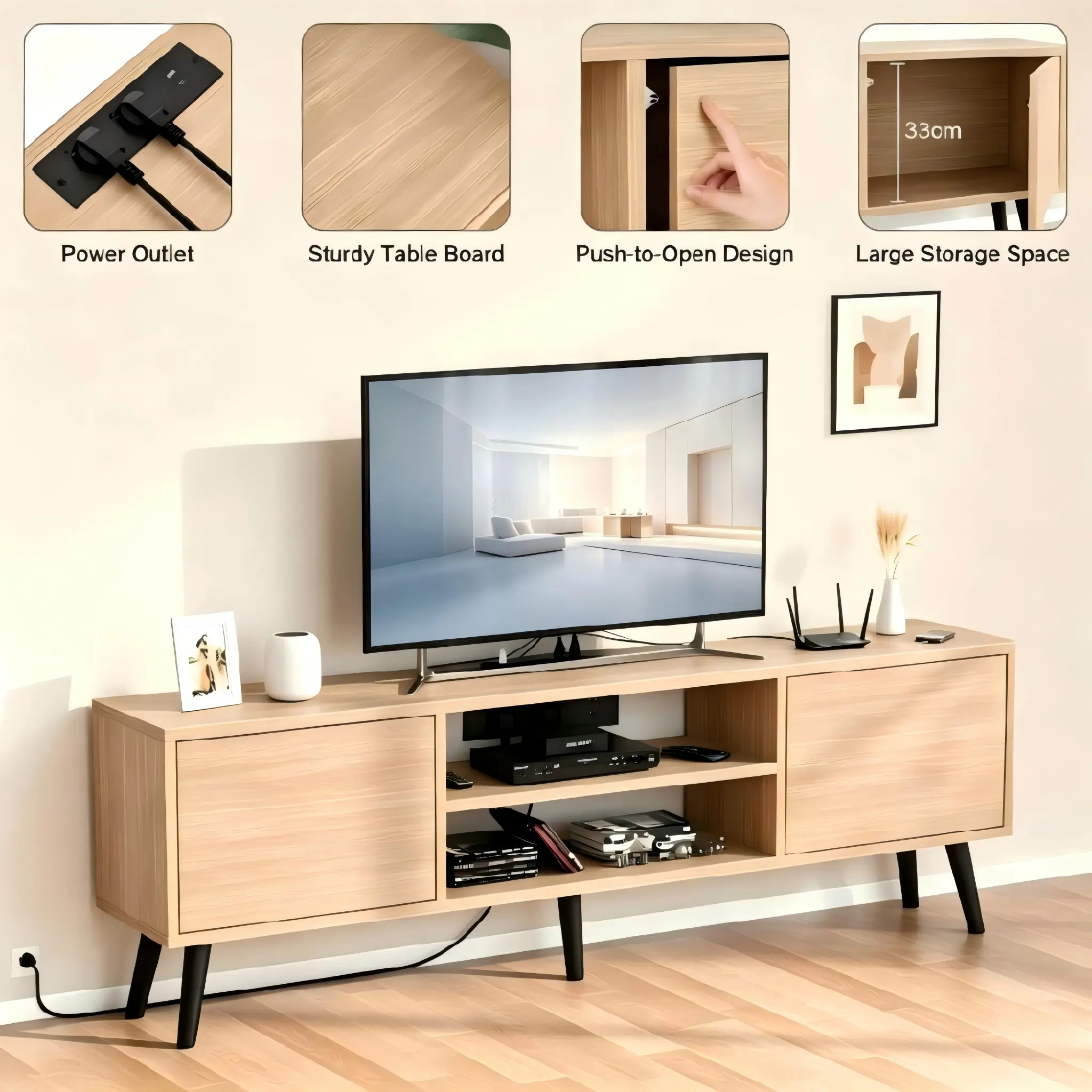 oak-tv-stand-hardware-features Oak light brown TV stand features including built-in power strip magnetic door catch and push to open cabinets detailing storage space