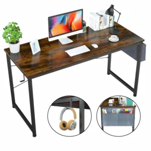 47 inch (120cm) rustic brown computer desk with side storage pocket and iron hook